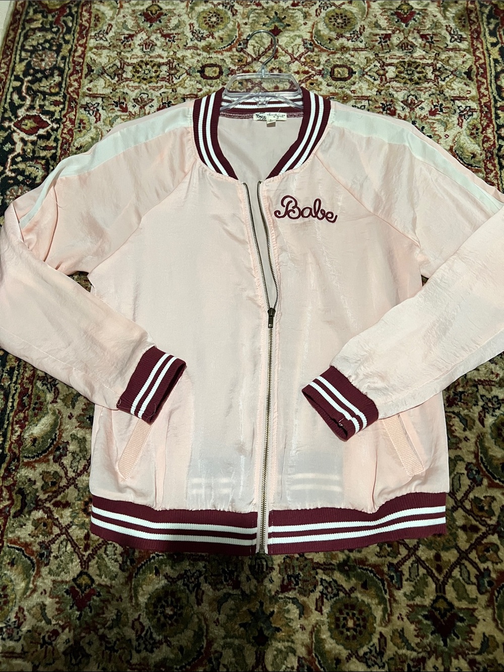 About A Girl Pink Satin 'Babe' Embroidered Bomber Jacket Maroon Trim Size Large